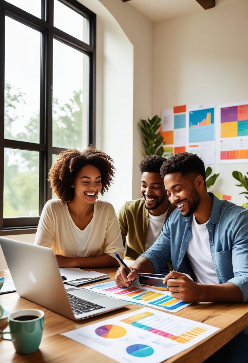 An illustrative scene of a cheerful family researching car insurance deals at their dining table, surrounded by laptops and colorful charts showing savings. In the background, their vehicle is parked outside a sunny window, symbolizing protection and adventure. The atmosphere is bright and engaging, radiating positivity about financial savings. vibrant colors. vector art. clean lines.