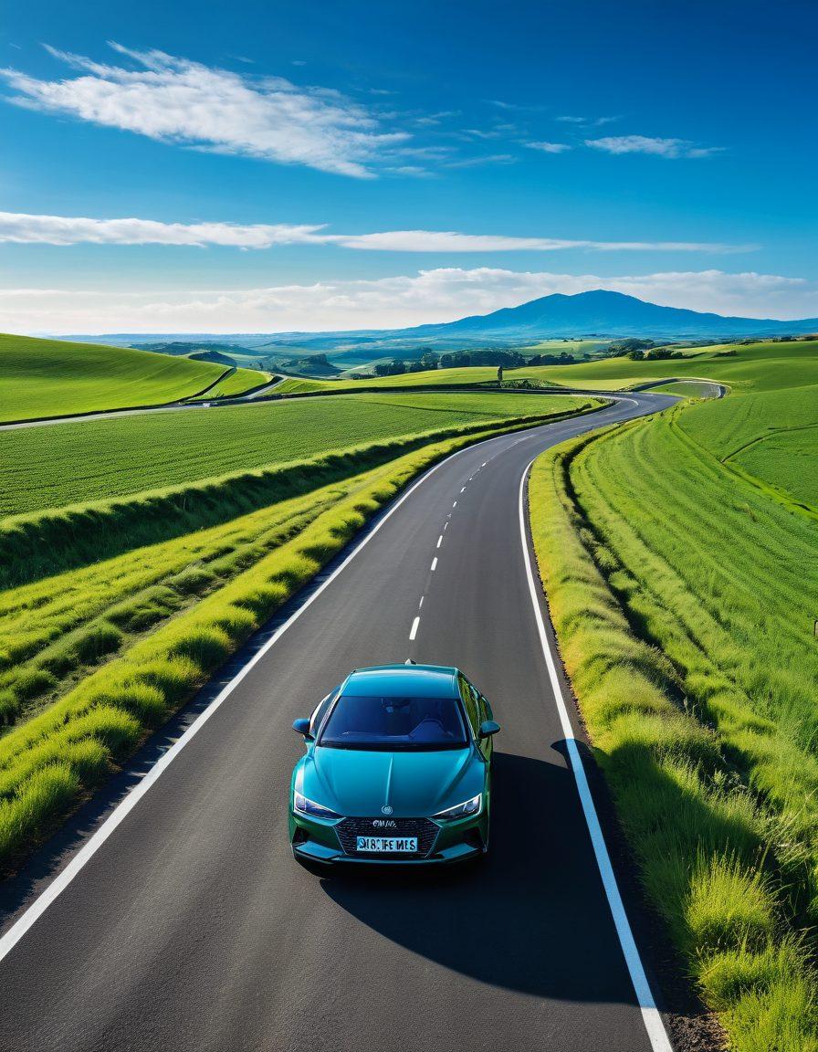 A serene road winding through picturesque landscapes, with a car at the forefront displaying a subtle insurance symbol on its side. Scenic highlights include lush green fields and bright blue skies, symbolizing peace of mind while driving. Overlay with glowing text that says 'Stay Content on the Road'. Modern and clean aesthetic with a fresh feel. vibrant colors. super-realistic.