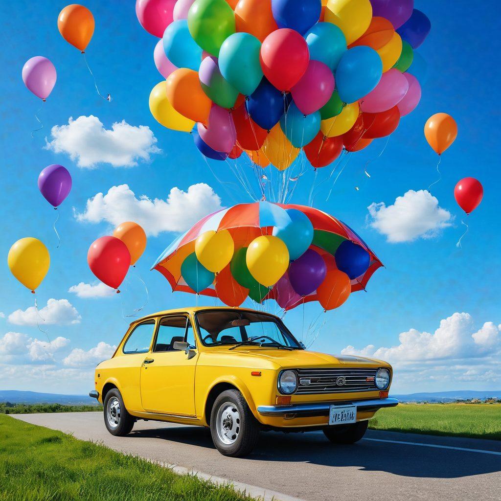 A joyful person holding an umbrella made of various car insurance policy documents, surrounded by colorful balloons representing happiness. In the background, a bright blue sky and a parked car showcasing affordability and contentment. Sun rays filtering through the clouds, symbolizing hope and positivity. cartoon style. vibrant colors. lively atmosphere.